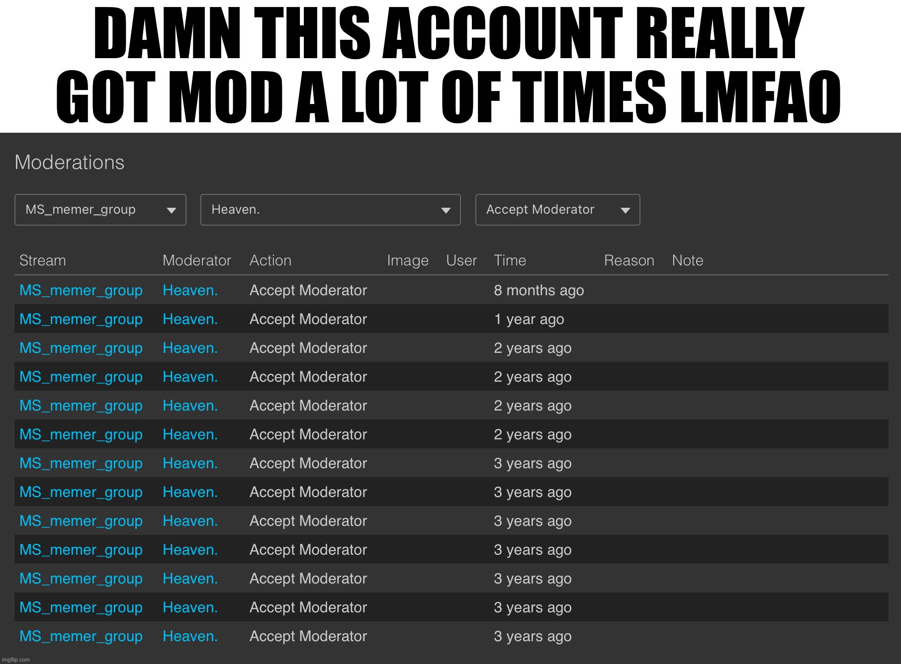 I miss my old accounts ;-; | DAMN THIS ACCOUNT REALLY GOT MOD A LOT OF TIMES LMFAO | made w/ Imgflip meme maker