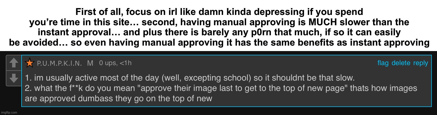 There is no reason to go back to manual approving since we have mods to deal with situations | First of all, focus on irl like damn kinda depressing if you spend you’re time in this site… second, having manual approving is MUCH slower than the instant approval… and plus there is barely any p0rn that much, if so it can easily be avoided… so even having manual approving it has the same benefits as instant approving | made w/ Imgflip meme maker