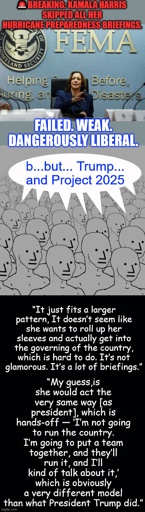 For those paying attention, you've been witnessing the failure Harris preview as President | 🚨BREAKING: KAMALA HARRIS 
SKIPPED ALL HER HURRICANE PREPAREDNESS BRIEFINGS. FAILED. WEAK. DANGEROUSLY LIBERAL. b...but... Trump... and Project 2025; “My guess,is she would act the very same way [as president], which is hands-off — ‘I’m not going to run the country. I’m going to put a team together, and they’ll run it, and I’ll kind of talk about it,’ which is obviously a very different model than what President Trump did.”; “It just fits a larger pattern, It doesn’t seem like she wants to roll up her sleeves and actually get into the governing of the country, which is hard to do. It’s not glamorous. It’s a lot of briefings.” | image tagged in kamala harris,vp failure,will be a disaster as president | made w/ Imgflip meme maker