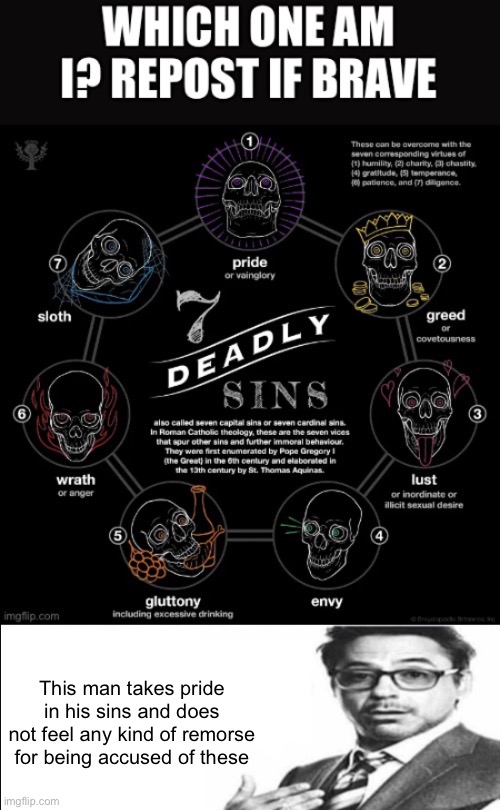 i saw this in another stream and had to say this, you should not be prideful of the sins you are accused of doing | This man takes pride in his sins and does not feel any kind of remorse for being accused of these | image tagged in robert downey jr's comments | made w/ Imgflip meme maker