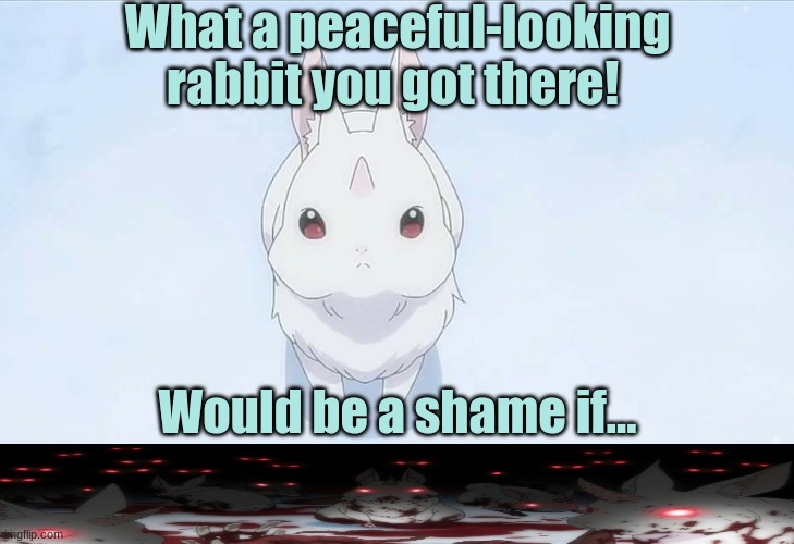 Imagine getting mauled by rabbits | What a peaceful-looking rabbit you got there! Would be a shame if... | image tagged in re zero season 2 bunny | made w/ Imgflip meme maker