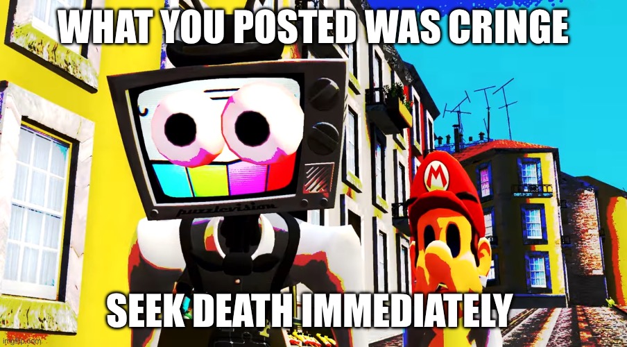 Mr. Puzzles and Mario staring | WHAT YOU POSTED WAS CRINGE; SEEK DEATH IMMEDIATELY | image tagged in mr puzzles and mario staring | made w/ Imgflip meme maker