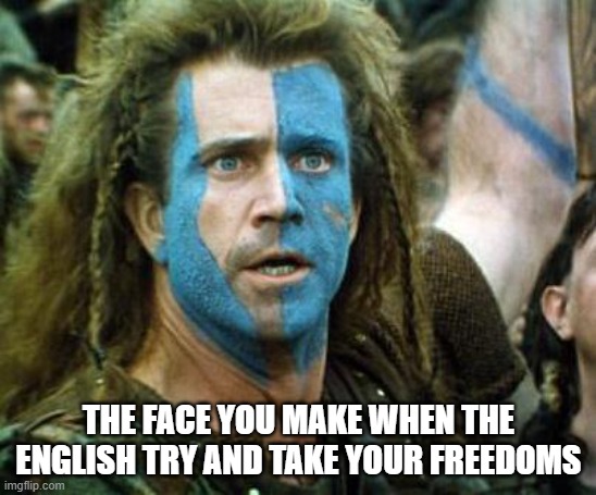 Braveheart | THE FACE YOU MAKE WHEN THE ENGLISH TRY AND TAKE YOUR FREEDOMS | image tagged in braveheart | made w/ Imgflip meme maker