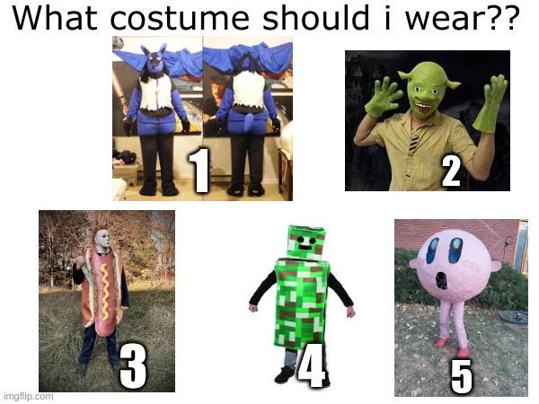 You choose | What costume should i wear?? 1; 2; 4; 3; 5 | image tagged in halloween,costume,halloween costume,choose,funny,cursed | made w/ Imgflip meme maker