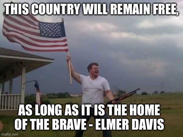 American flag shotgun guy | THIS COUNTRY WILL REMAIN FREE, AS LONG AS IT IS THE HOME OF THE BRAVE - ELMER DAVIS | image tagged in american flag shotgun guy | made w/ Imgflip meme maker