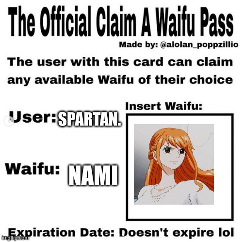 good choice or no? | SPARTAN. NAMI | image tagged in official claim a waifu pass,nami,onepiece,the one piece is reallll | made w/ Imgflip meme maker