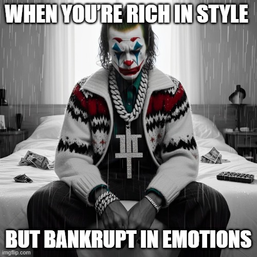bankrupt | WHEN YOU’RE RICH IN STYLE; BUT BANKRUPT IN EMOTIONS | image tagged in memes | made w/ Imgflip meme maker