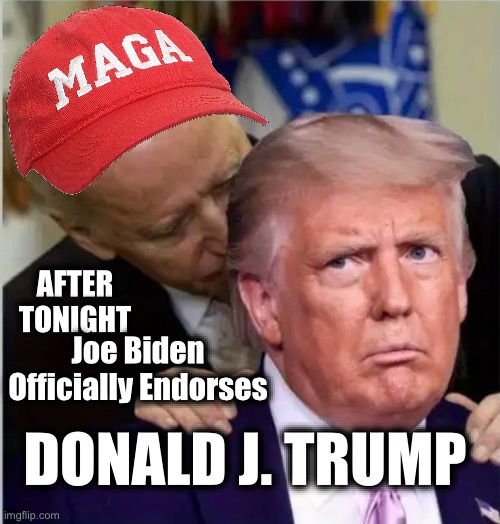 JOE BIDEN Endorses DONALD TRUMP | AFTER TONIGHT; Joe Biden Officially Endorses; DONALD J. TRUMP | image tagged in donald trump,tim walz,jd vance,kamala harris,joe biden | made w/ Imgflip meme maker