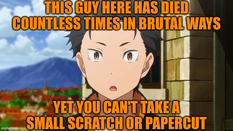 Natsuki Subaru | THIS GUY HERE HAS DIED COUNTLESS TIMES IN BRUTAL WAYS; YET YOU CAN'T TAKE A SMALL SCRATCH OR PAPERCUT | image tagged in natsuki subaru | made w/ Imgflip meme maker