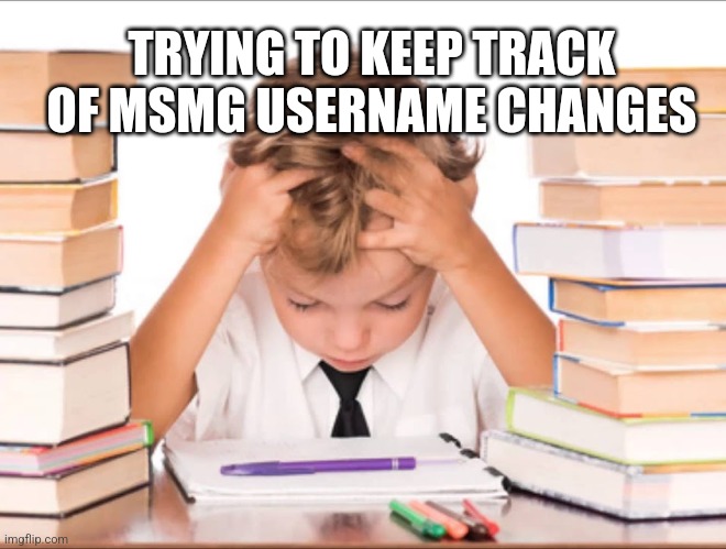 ㅤ | TRYING TO KEEP TRACK OF MSMG USERNAME CHANGES | image tagged in kid homework stress studying | made w/ Imgflip meme maker
