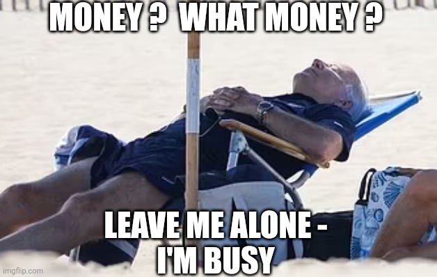 Beach Bum Biden | MONEY ?  WHAT MONEY ? LEAVE ME ALONE -
I'M BUSY | image tagged in beach bum biden | made w/ Imgflip meme maker