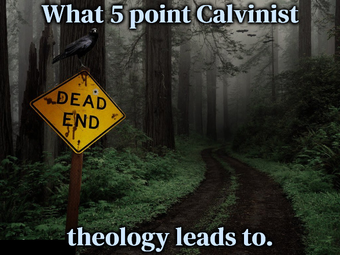 Dead Theology | What 5 point Calvinist; theology leads to. | image tagged in calvinism,arminian,molinism,truth,reformed theology 4 and 5 point calvinist preachers,dead end | made w/ Imgflip meme maker