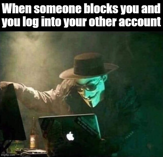 Alt accounts | When someone blocks you and you log into your other account | image tagged in alternative | made w/ Imgflip meme maker