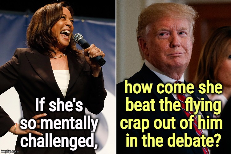 Why is Trump afraid to debate her a second time? | how come she beat the flying crap out of him 
in the debate? If she's so mentally challenged, | image tagged in kamala harris,smart,trump,dumb and dumber,debate | made w/ Imgflip meme maker