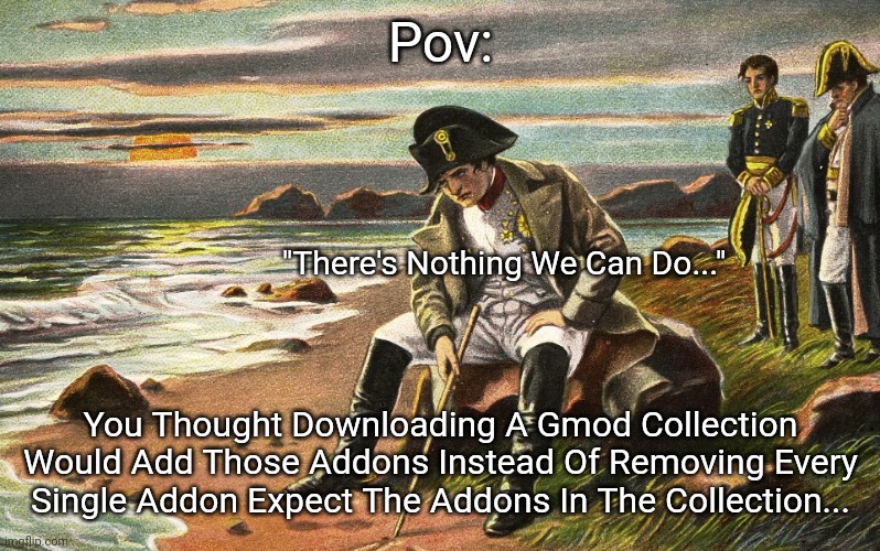 F In The Chat Bois... F In The Chat | Pov:; "There's Nothing We Can Do..."; You Thought Downloading A Gmod Collection Would Add Those Addons Instead Of Removing Every Single Addon Expect The Addons In The Collection... | image tagged in napoleon,gmod,sad but true,f in the chat,why must you hurt me in this way | made w/ Imgflip meme maker