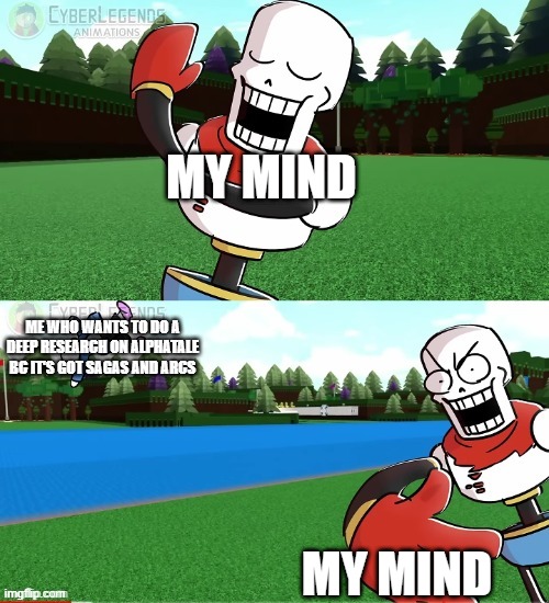 Ouch! | MY MIND; ME WHO WANTS TO DO A DEEP RESEARCH ON ALPHATALE BC IT'S GOT SAGAS AND ARCS; MY MIND | image tagged in papyrus slapping sans away,alphatale,undertale,papyrus,sans | made w/ Imgflip meme maker