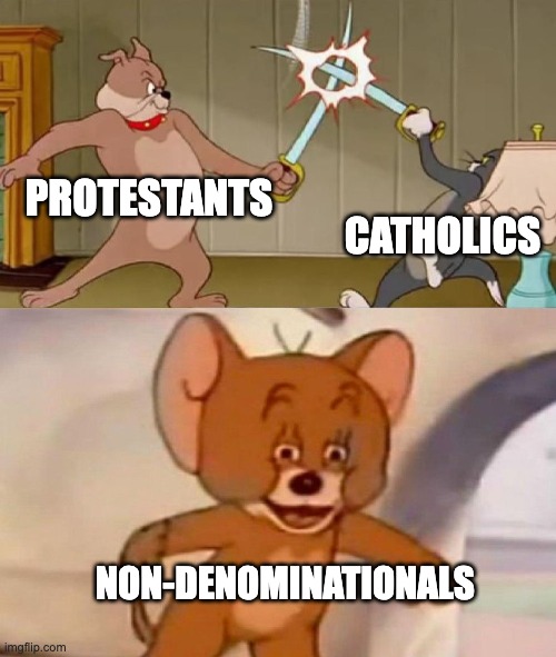 Tom and Jerry swordfight | PROTESTANTS; CATHOLICS; NON-DENOMINATIONALS | image tagged in tom and jerry swordfight | made w/ Imgflip meme maker