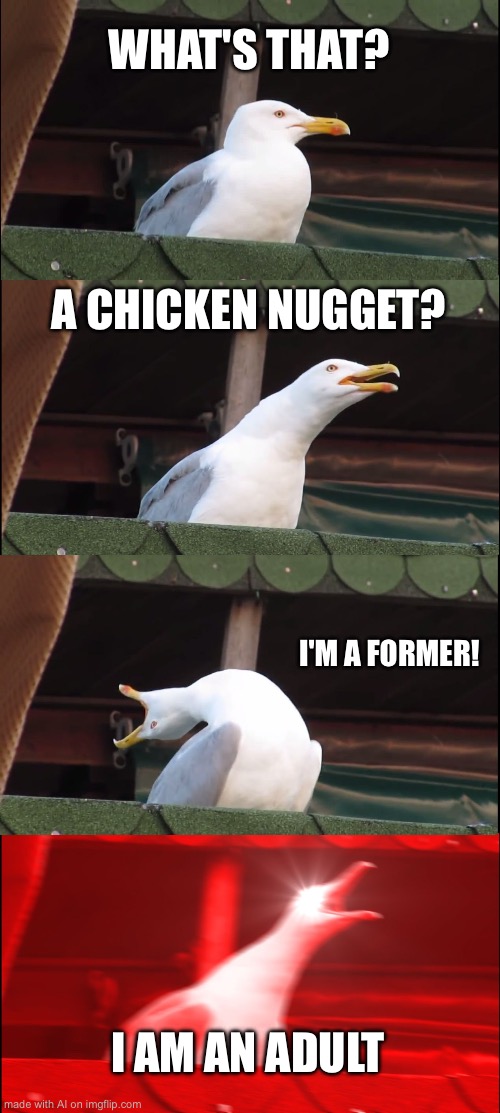 Former adult? | WHAT'S THAT? A CHICKEN NUGGET? I'M A FORMER! I AM AN ADULT | image tagged in memes,inhaling seagull | made w/ Imgflip meme maker