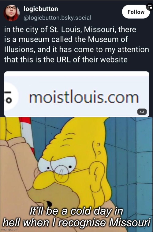 Moist Louis | It’ll be a cold day in hell when I recognise Missouri | image tagged in a cold day in hell before i recognise missouri,missouri,museum,illusions,illusion 100 | made w/ Imgflip meme maker