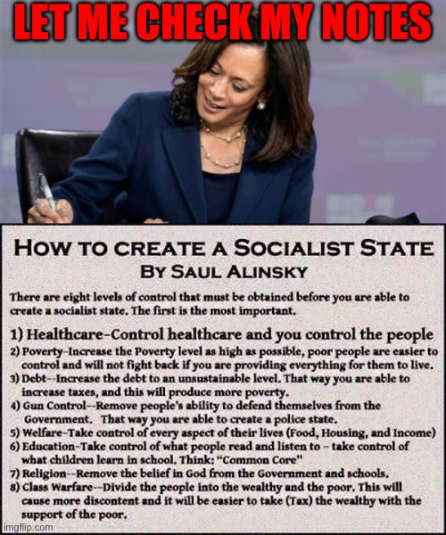 Kamala has her orders | LET ME CHECK MY NOTES | image tagged in saul alinsky,democrats,kamala harris,socialist,radical | made w/ Imgflip meme maker