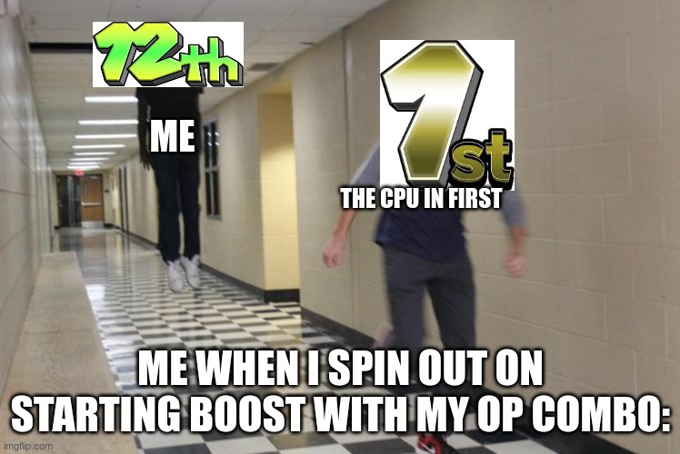 Ah yes, low acceleration with speed that makes 1st place feel like a horror game protag running away from the horror. | ME; THE CPU IN FIRST; ME WHEN I SPIN OUT ON STARTING BOOST WITH MY OP COMBO: | image tagged in guy running from levitating guy,mario kart 8,mario kart 8 deluxe | made w/ Imgflip meme maker