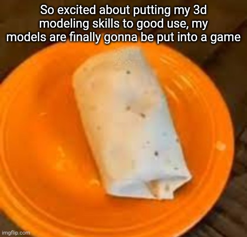 JimmyHere Burrito | So excited about putting my 3d modeling skills to good use, my models are finally gonna be put into a game | image tagged in jimmyhere burrito | made w/ Imgflip meme maker