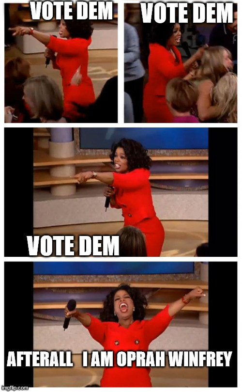 What a  HOT AIR BAG! | VOTE DEM; VOTE DEM; VOTE DEM; AFTERALL   I AM OPRAH WINFREY | image tagged in memes,oprah you get a car everybody gets a car,oprah winfrey,vote,she knows  everything,must be smart she's on tv | made w/ Imgflip meme maker