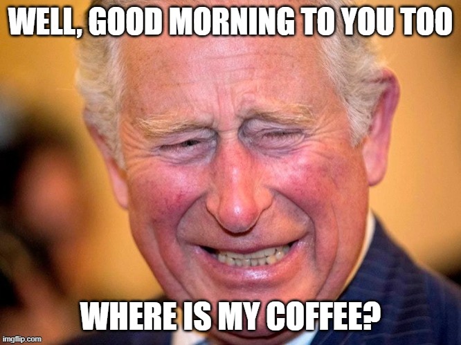 WELL, GOOD MORNING TO YOU TOO   WHERE IS MY COFFEE? | WHERE IS MY COFFEE? | image tagged in king charles | made w/ Imgflip meme maker