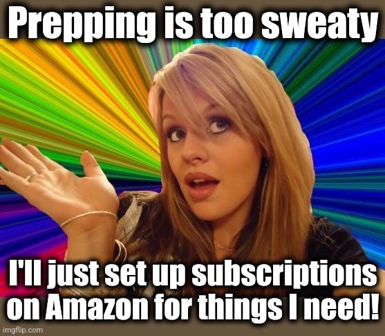 Dumb Blonde Meme | Prepping is too sweaty; I'll just set up subscriptions on Amazon for things I need! | image tagged in memes,dumb blonde,prepping,amazon,online shopping | made w/ Imgflip meme maker