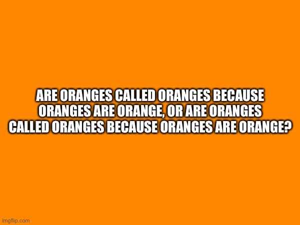 ARE ORANGES CALLED ORANGES BECAUSE ORANGES ARE ORANGE, OR ARE ORANGES CALLED ORANGES BECAUSE ORANGES ARE ORANGE? | made w/ Imgflip meme maker