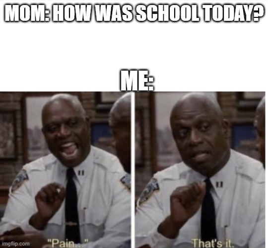 I require sleep | MOM: HOW WAS SCHOOL TODAY? ME: | image tagged in pain that's it,brooklyn nine nine | made w/ Imgflip meme maker