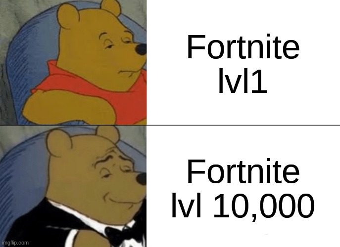 Tuxedo Winnie The Pooh Meme | Fortnite lvl1; Fortnite lvl 10,000 | image tagged in memes,tuxedo winnie the pooh | made w/ Imgflip meme maker