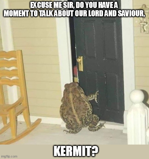 Hippity hoppity | EXCUSE ME SIR, DO YOU HAVE A MOMENT TO TALK ABOUT OUR LORD AND SAVIOUR, KERMIT? | image tagged in kermit,frog,jehovah's witnesses | made w/ Imgflip meme maker