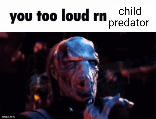 You too loud rn | child predator | image tagged in you too loud rn | made w/ Imgflip meme maker