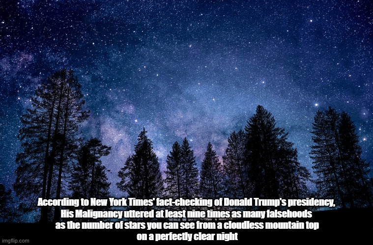 New York Times Fact Checkers Reveal The Staggering Dimension Of Trump's Mendacity | According to New York Times' fact-checking of Donald Trump's presidency, 
His Malignancy uttered at least nine times as many falsehoods 
as the number of stars you can see from a cloudless mountain top
on a perfectly clear night | image tagged in trump,lies,falsehoods,mendacity,deception,new york times fact checkers | made w/ Imgflip meme maker