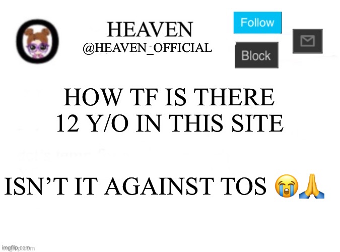 Pedos be watching, scawwry | HOW TF IS THERE 12 Y/O IN THIS SITE; ISN’T IT AGAINST TOS 😭🙏 | image tagged in heaven s template | made w/ Imgflip meme maker