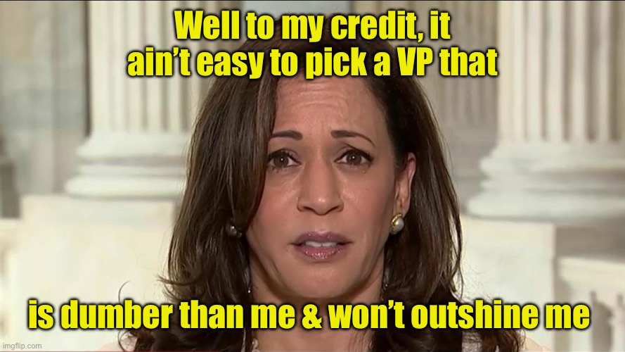 kamala harris | Well to my credit, it ain’t easy to pick a VP that is dumber than me & won’t outshine me | image tagged in kamala harris | made w/ Imgflip meme maker