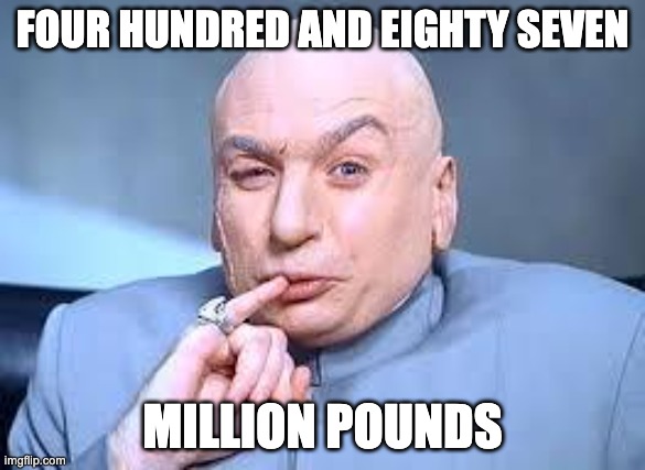 dr evil pinky | FOUR HUNDRED AND EIGHTY SEVEN; MILLION POUNDS | image tagged in dr evil pinky | made w/ Imgflip meme maker