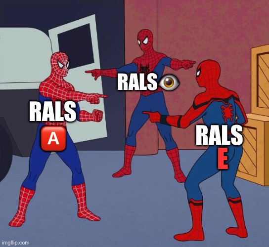 Perilous Pronunciation panic | RALS👁️; RALS 🅰️; RALS; E | image tagged in spider man triple | made w/ Imgflip meme maker