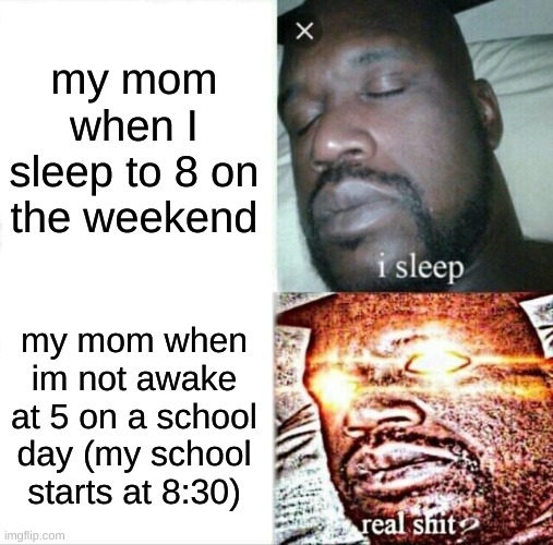 JUST 5 MORE MINUTES PLEASE!!!!!! | my mom when I sleep to 8 on the weekend; my mom when im not awake at 5 on a school day (my school starts at 8:30) | image tagged in memes,sleeping shaq,funny,relatable memes,fun stream,sleep | made w/ Imgflip meme maker