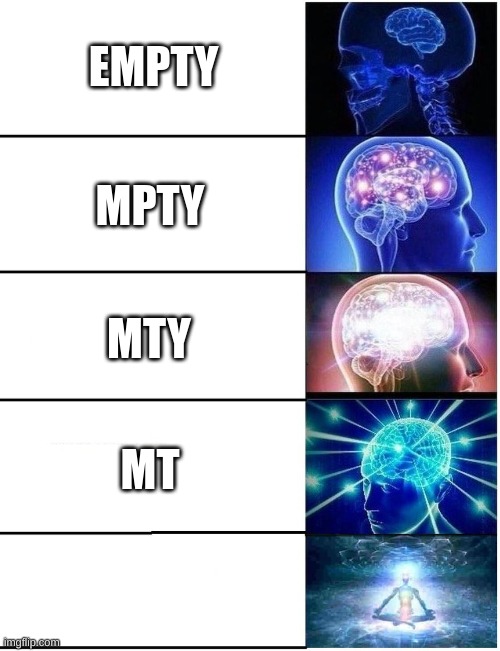 WOW! | EMPTY; MPTY; MTY; MT | image tagged in expanding brain 5 panel | made w/ Imgflip meme maker