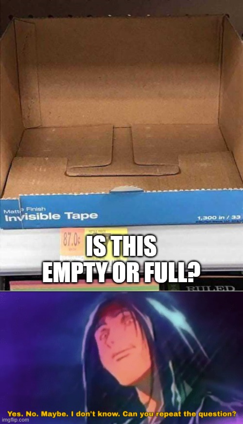 Invisible | IS THIS EMPTY OR FULL? | image tagged in shiogami,invisible | made w/ Imgflip meme maker