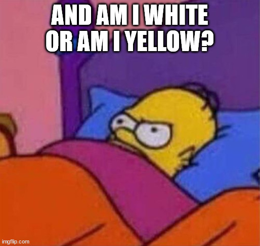 angry homer simpson in bed | AND AM I WHITE OR AM I YELLOW? | image tagged in angry homer simpson in bed | made w/ Imgflip meme maker