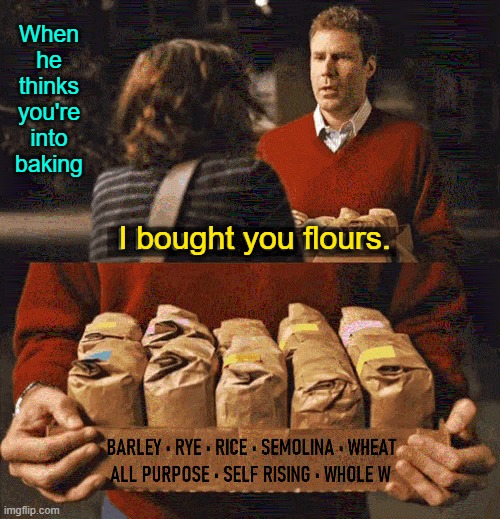 When you have a Cookie Monster-Like Addiction | When
he
thinks
you're
into
baking; I bought you flours. | image tagged in vince vance,flowers,flours,will ferrell,pun,memes | made w/ Imgflip meme maker