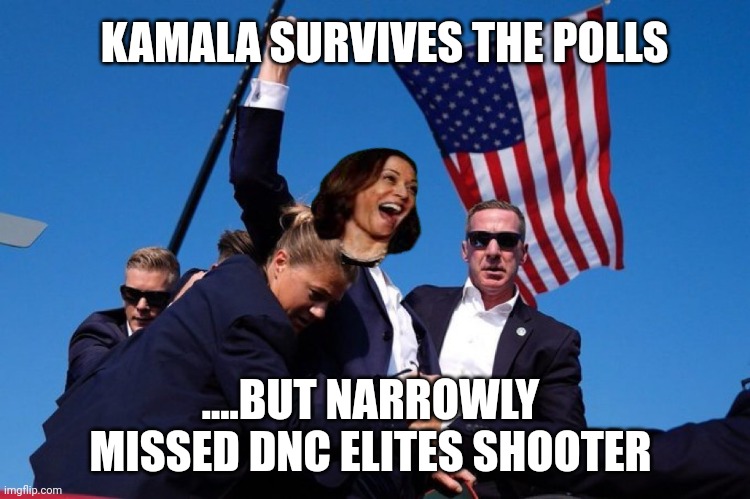 A switch is coming | KAMALA SURVIVES THE POLLS; ....BUT NARROWLY MISSED DNC ELITES SHOOTER | image tagged in trump shooting | made w/ Imgflip meme maker