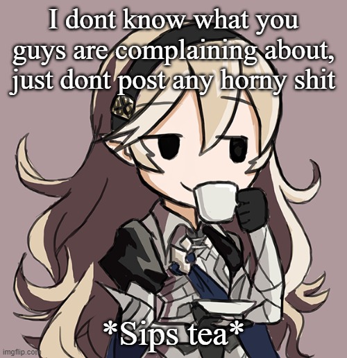 Corrin sipping tea | I dont know what you guys are complaining about, just dont post any horny shit; *Sips tea* | image tagged in corrin sipping tea | made w/ Imgflip meme maker