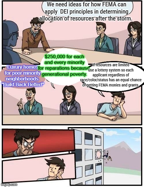 Boardroom Meeting Suggestion Meme | We need ideas for how FEMA can apply  DEI principles in determining allocation of resources after the storm. Luxury homes for poor minority  | image tagged in memes,boardroom meeting suggestion | made w/ Imgflip meme maker