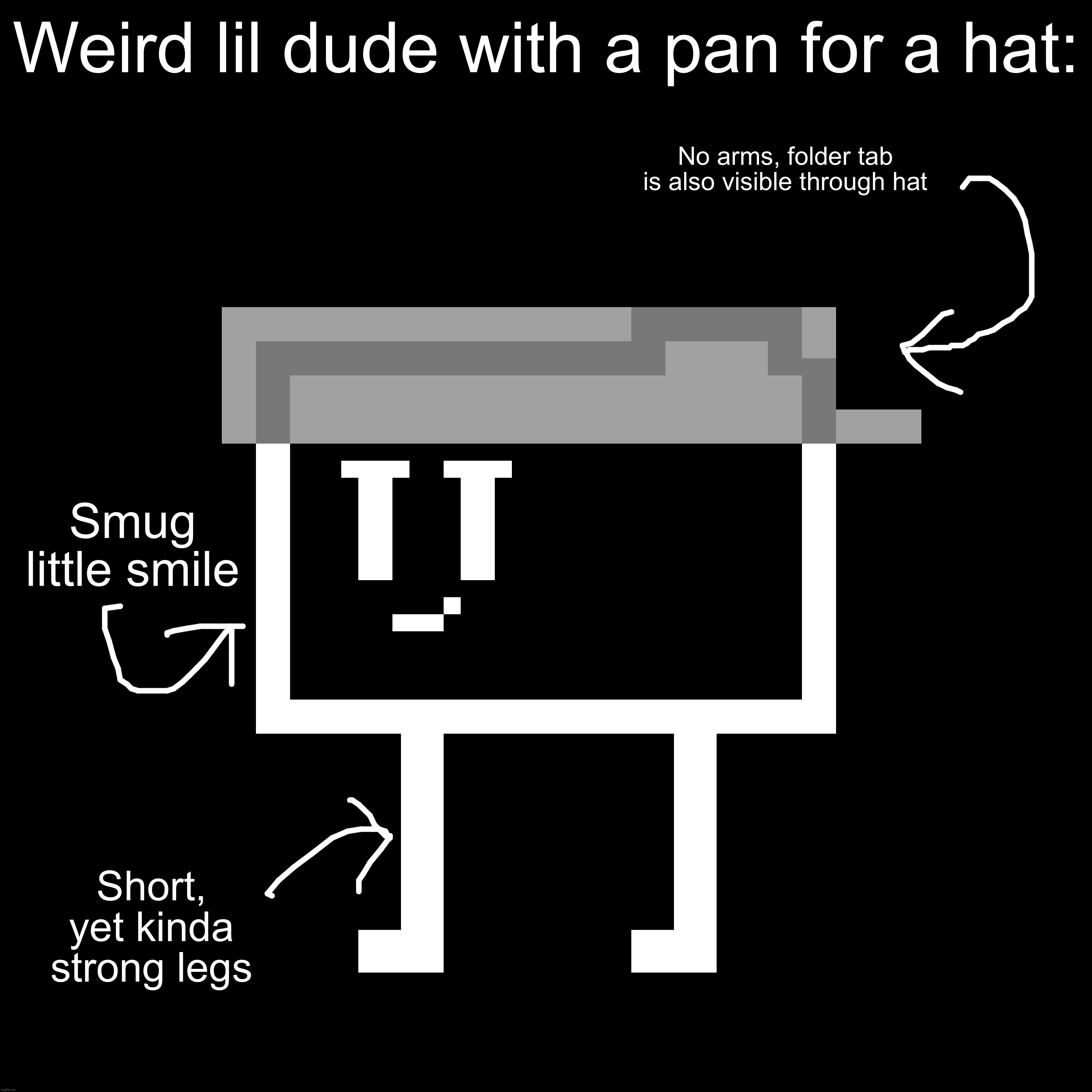 Hell yeah, bored af raaaah | Weird lil dude with a pan for a hat:; No arms, folder tab is also visible through hat; Smug little smile; Short, yet kinda strong legs | made w/ Imgflip meme maker