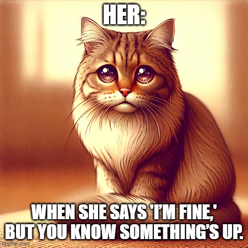 When she says 'I’m fine,' but you know something’s up. | HER:; WHEN SHE SAYS 'I’M FINE,' BUT YOU KNOW SOMETHING’S UP. | image tagged in relationship | made w/ Imgflip meme maker