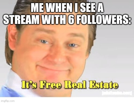 It's Free Real Estate | ME WHEN I SEE A STREAM WITH 6 FOLLOWERS: | image tagged in it's free real estate | made w/ Imgflip meme maker